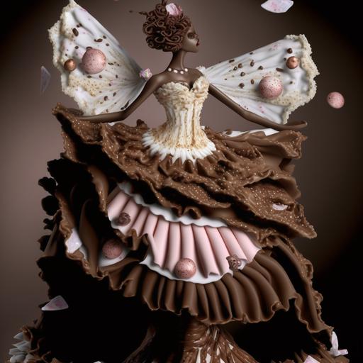 photoreal elaborate graceful chocolate ice cream angel, cherry-and-whipped-cream-wings beautiful silk crepe and glittering sequins, layered rococo ruffles skirt, fairytale hyperdetailed --q 2 --v 4