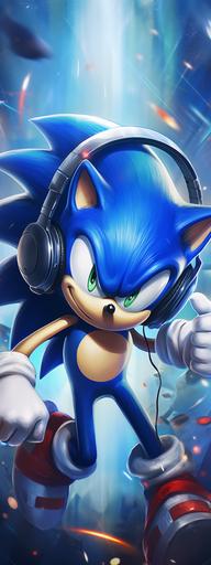 Sonic the hedgehog wearing headphones high energy dancing. blue party streamers in background --ar 3:8