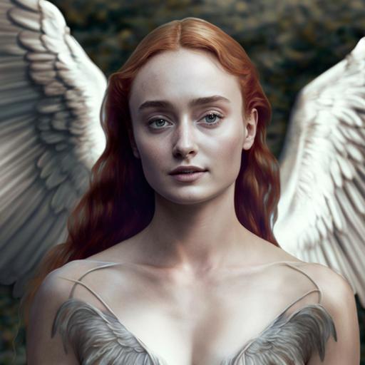 Sophie Turner sentada cuerpo completo y alas de angel en el paraiso