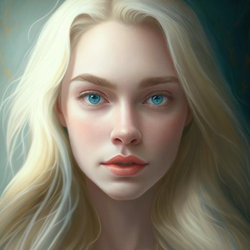 a young lady with very blonde hair, aqua blue eyes, thin face, drawn mouth, delicate nose and a kind look