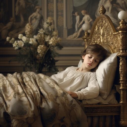 dreamy boy sleeping on silk sheet and baluster bed