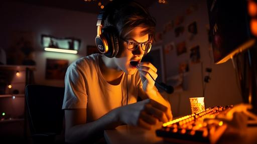a 25 years old man, chewing open mouth triangle tortilla chips, in a gaming room with orange colored lights, playing videogames with gaming headphones and keyboard, hyper realistic, frontal wide view --ar 16:9 --v 5 --s 750