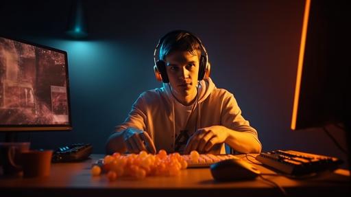 a 25 years old man, eating and munching triangle tortilla chips, in a gaming room with orange colored lights, playing videogames with gaming headphones and keyboard, hyper realistic, frontal wide view --ar 16:9 --v 5 --s 750