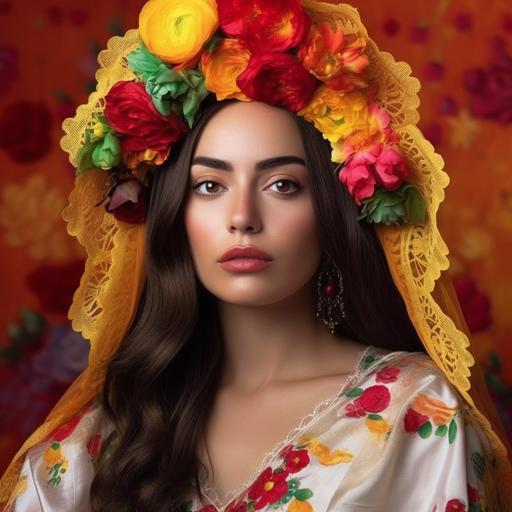 Spanish Latina woman portrait colorful mantilla flower headpiece