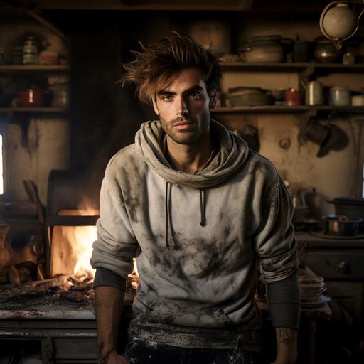 Spanish model Jon Kortajarena in a post apocalyptic end-of-the-world farmhouse kitchen wearing an old, dated sweater with 'Reagan or Chaos!' written across the front.