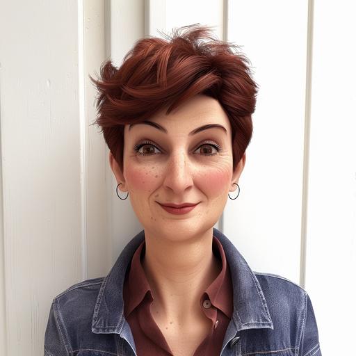 Spanish woman in her 40s with short brown red hair, small black eyes and very thin eyebrows, cartoon style, pixar quality, highly detailed, full body, white bg, Pixar, 3D