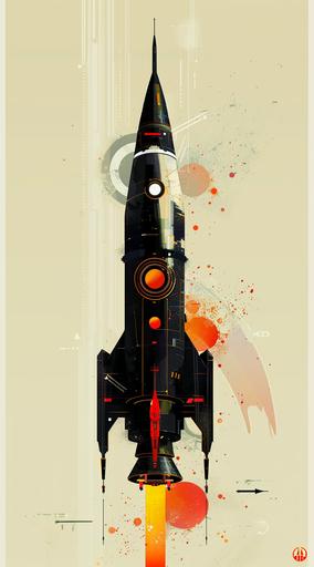 Sparth minimalistic painting. 70s style rocket ship sitting on it's tail fins. Black with orange, yellow and red highlights. Background is pale yellow --ar 5:9 --v 6.0