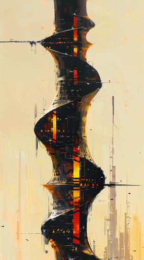 Sparth minimalistic painting. Black double helix tower. Orange, yellow and red highlights. Background is pale yellow --ar 5:9 --v 6.0