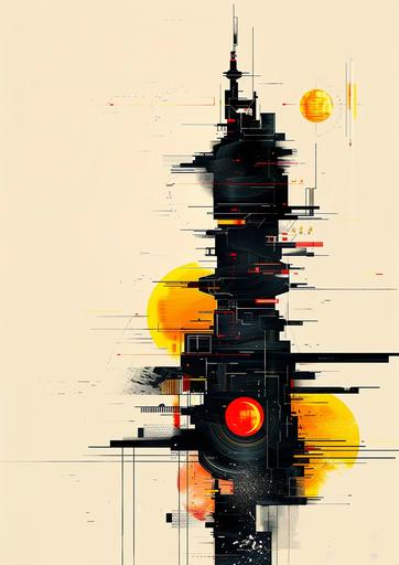 Sparth minimalistic painting. Super futuristic black tower. Orange, yellow and red highlights. Background is pale yellow --ar 5:7 --v 6.0