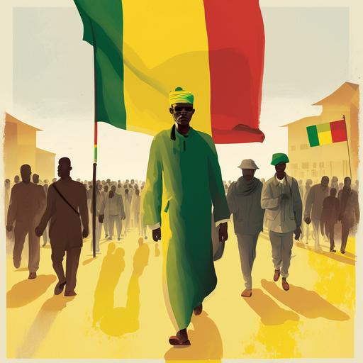 Speakers leading a giant gathering of the determined members of a workers' association, dressed very diversely, carry the flag of Mali on a semi-sunny day; the flag of Mali is composed of 3 vertical bands of the same dimensions and of green, yellow and red colors.