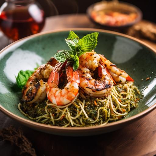 Special Mixed Herbs Pesto Tiger Prawns Spaghetti topped with house made Sambal Belacan.