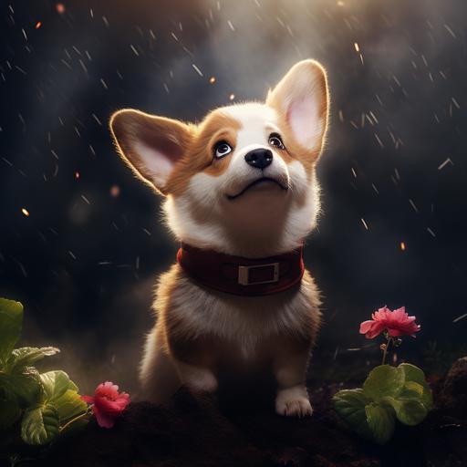 red and white corgi puppy with no tail and red collar looking up to sky in a beautiful garden with a dirt hole. Sky is dark with rain clouds. Puppy looks concern. Pixar style whimiscal