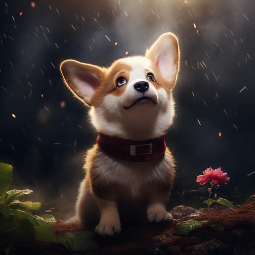 red and white corgi puppy with no tail and red collar looking up to sky in a beautiful garden with a dirt hole. Sky is dark with rain clouds. Puppy looks concern. Pixar style whimiscal
