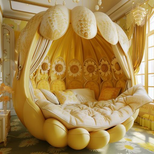 Spherical giant sumptuous luxury sunshine shaped bed, pastel yellow and gold Sunny themed bedroom, giant canopy daisy bed covered in sun pillows, ,sun art nouveau print whimsical wallpaper, magical fantasy photorealistic interior design--ar 4:5