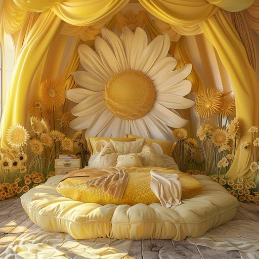 Spherical giant sumptuous luxury sunshine shaped bed, pastel yellow and gold Sunny themed bedroom, giant canopy daisy bed covered in sun pillows, ,sun art nouveau print whimsical wallpaper, magical fantasy photorealistic interior design--ar 4:5