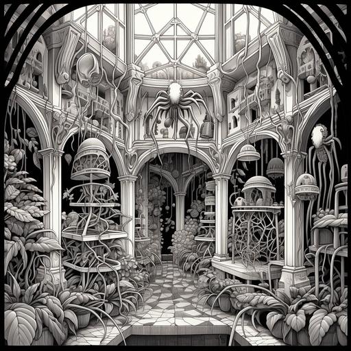 Spider Enclosure Shop - spider silk sanctuaries Keywords: Spiders, terrariums, boutique, chic, monochromatic Style: Minimal, chic, monochromatic Media: Line art and ink Reference Artist: M.C. Escher Inspiration: Draw inspiration from M.C. Escher's intricate and mind-bending line art, using a monochromatic color scheme to create a chic and stylish logo.