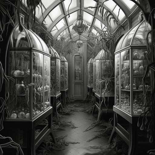 Spider Enclosure Shop - spider silk sanctuaries Keywords: Spiders, terrariums, boutique, chic, monochromatic Style: Minimal, chic, monochromatic Media: Line art and ink Reference Artist: M.C. Escher Inspiration: Draw inspiration from M.C. Escher's intricate and mind-bending line art, using a monochromatic color scheme to create a chic and stylish logo.