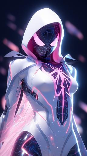 Spider-Gwen with a laser etched costume, cyberpunk, fullbody, luminescent lighting, highly detailed, 8k --ar 9:16 --niji 5