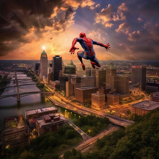 Spider-Man Swinging over a realistic image of the Cincinnati,Ohio Skyline
