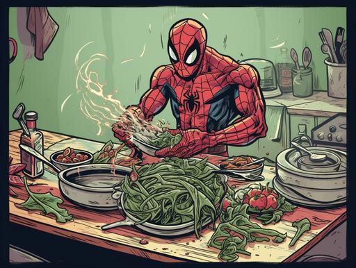 Spider-Man-like salad hero, Marvel Comics cartoon style, grilling meat in kitchen, --ar 4:3 --v 5 --s 250