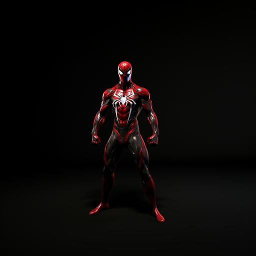 Spider-Man, web-fluid texture suit, scarlet color with a red comic book glow, no other colors or textures, with complete white eye visors, no black on eye, and with a white spider symbol on his chest and back that wrap around the ribs, with the black Venom Symbiote on his legs and arms, starting from his knees down to his feet and Elbows down to his hands, overlooking a huge city, make it comic book art style, oil canvas, HD, 8k