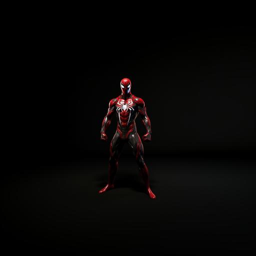 Spider-Man, web-fluid texture suit, scarlet color with a red comic book glow, no other colors or textures, with complete white eye visors, no black on eye, and with a white spider symbol on his chest and back that wrap around the ribs, with the black Venom Symbiote on his legs and arms, starting from his knees down to his feet and Elbows down to his hands, overlooking a huge city, make it comic book art style, oil canvas, HD, 8k