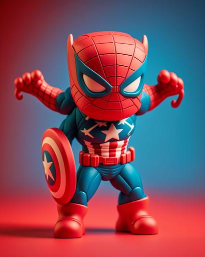 Spiderman Plastic Toy character that is cute, Dynamic pose, full body view, intricate details, red Background with captain america logo, baby, 4k --ar 4:5