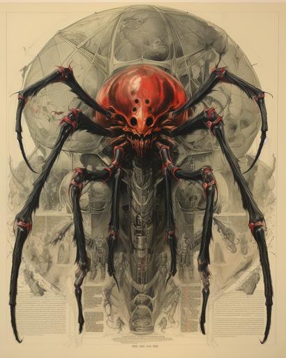 Spiderman, latrodectus, alien planet, art poster, lithograph, antique vellum --ar 4:5