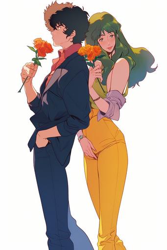 Spike Spiegel holding a rose in his mouth with his arm around Julia and Faye with Spike in the middle Julia amd Faye are blushing looking down from cowboy bebop --style expressive --ar 2:3 --niji 5 --s 50