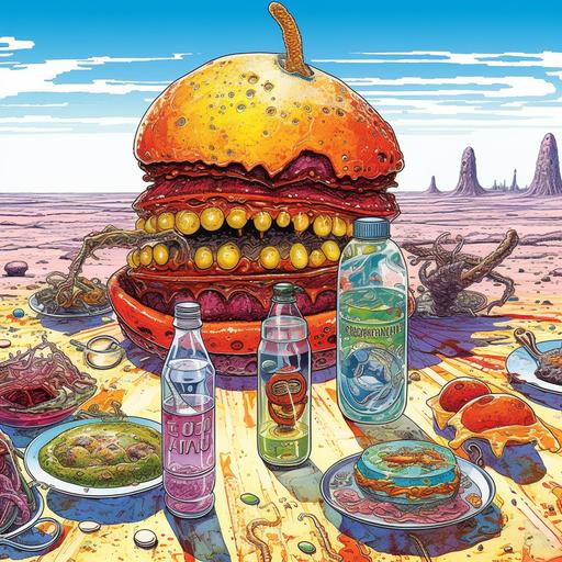 illustration of a surreal alternate reality, helium psychedelic planet, desert landscape of large psychedelic hamburgers and tall hotdogs, mustard and ketchup bottle creatures spilling sauce, ultra detailed, bioluminescent dill relish, forks and spoons, soft drinks, unusual salt and pepper shaker life forms, crisp lines, art by katsuya terada and Atey Ghailan and --s 208 --c 6 --v 5.1 --v 5.1 --v 5.1