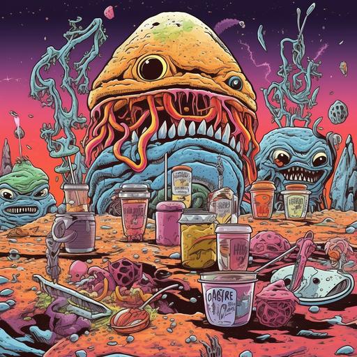 professional digital illustration of an alien food-world depicting a desert landscape of large psychedelic hamburgers and tall hotdogs, mustard and ketchup bottle creatures spilling sauce, ultra detailed, bioluminescent dill relish, forks and spoons, soft drinks, unusual salt and pepper shaker life forms, crisp lines, art by katsuya terada and Atey Ghailan, more hamburger clone creatures --s 208 --c 6 --v 5.1 --v 5.1 --v 5.1