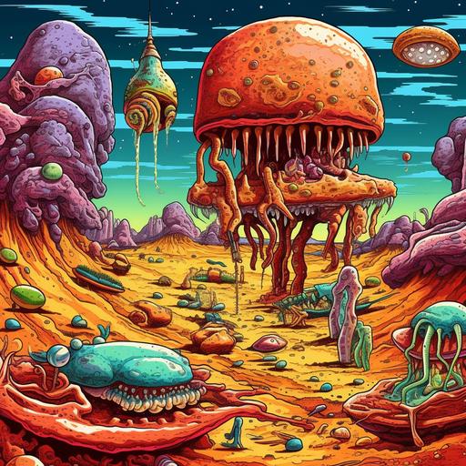 professional digital illustration of an alien food-world depicting a desert landscape of large psychedelic hamburgers and tall hotdogs, mustard and ketchup bottle creatures spilling sauce, ultra detailed, bioluminescent dill relish, forks and spoons, soft drinks, unusual salt and pepper shaker life forms, crisp lines, art by katsuya terada and Atey Ghailan, more hamburger clone creatures --s 208 --c 6 --v 5.1 --v 5.1 --v 5.1