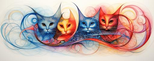Spirograph abstract cat family, art watercolor and colored pencil, in scagliola wall --ar 20:8