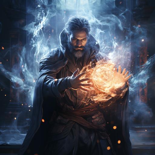 Splash art of an armored mage channeling arcane magicks, mana shooting from his hands, mystical energy in the air, action shot, heroic fantasy art, special effects, hd octane render --s 750