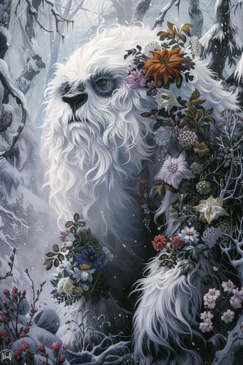 Split-personality yeti, one side echoing the harshness of winter, fur resembling a blanket of snow, breath a cloud of ice, the other side celebrating spring's arrival with floral embellishments, leaves, budding sprouts, background showcasing a stark contrast - a snowy, peaceful forest on one side and a lively, flower-filled spring meadow on the other --ar 2:3 --v 6.0