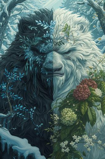 Split-personality yeti, one side echoing the harshness of winter, fur resembling a blanket of snow, breath a cloud of ice, the other side celebrating spring's arrival with floral embellishments, leaves, budding sprouts, background showcasing a stark contrast - a snowy, peaceful forest on one side and a lively, flower-filled spring meadow on the other --ar 2:3 --v 6.0
