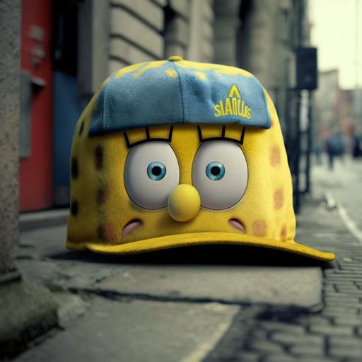 SpongeBob's face in the real world, wearing an adidas cap