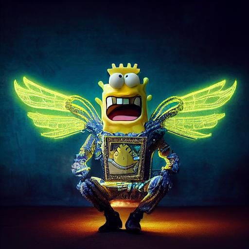 Spongebob photo of 8k ultra realistic archangel with 6 wings, full body, intricate yellow and blue neon armor, ornate, cinematic --test --creative --upbeta --upbeta
