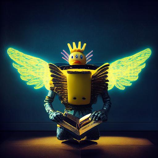Spongebob photo of 8k ultra realistic archangel with 6 wings, full body, intricate yellow and blue neon armor, ornate, cinematic --test --creative --upbeta --upbeta