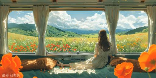 Spring illustration, the train's big window, the window can see the outside hillside, white clouds, flowers. The sun poured into the car window, and the girl sat in her seat and looked out the window,minimalism --s 750 --v 6.0 --ar 2:1