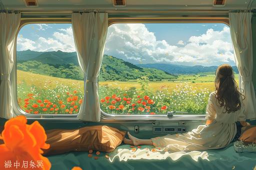 Spring illustration, the train's big window, the window can see the outside hillside, white clouds, flowers. The sun poured into the car window, and the girl sat in her seat and looked out the window,minimalism --s 750 --v 6.0 --ar 3:2