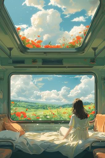 Spring illustration, the train's big window, the window can see the outside hillside, white clouds, flowers. The sun poured into the car window, and the girl sat in her seat and looked out the window,minimalism --s 750 --v 6.0 --ar 2:3