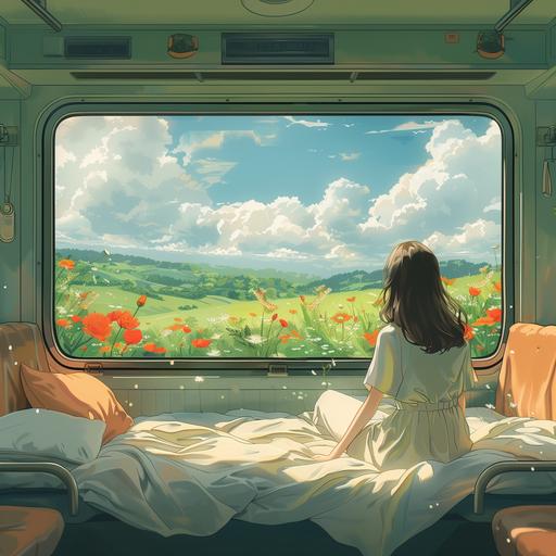 Spring illustration, the train's big window, the window can see the outside hillside, white clouds, flowers. The sun poured into the car window, and the girl sat in her seat and looked out the window,minimalism --s 750 --v 6.0