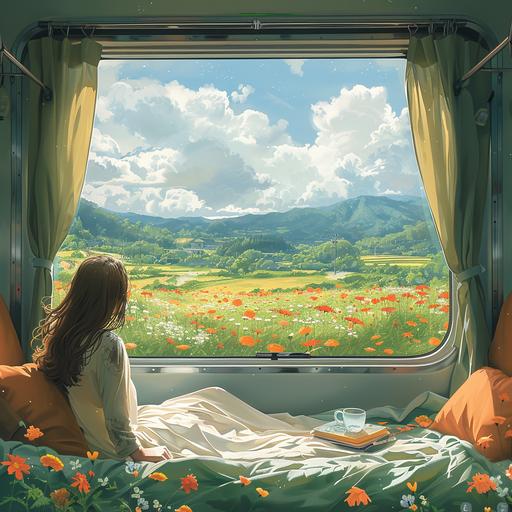 Spring illustration, the train's big window, the window can see the outside hillside, white clouds, flowers. The sun poured into the car window, and the girl sat in her seat and looked out the window,minimalism --s 750 --v 6.0