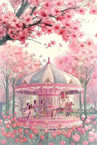 Spring pink purple illustration, carousel, tulips around, small people sitting on the carousel，texture, minimalism --s 750 --v 6.0 --ar 2:3