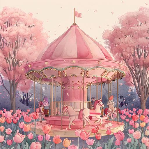Spring pink purple illustration, carousel, tulips around, small people sitting on the carousel，texture, minimalism --s 750 --v 6.0