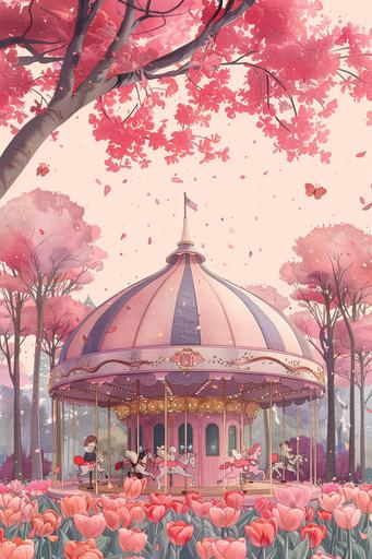 Spring pink purple illustration, carousel, tulips around, small people sitting on the carousel，texture, minimalism --s 750 --v 6.0 --ar 2:3