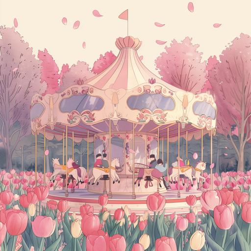 Spring pink purple illustration, carousel, tulips around, small people sitting on the carousel，texture, minimalism --s 750 --v 6.0