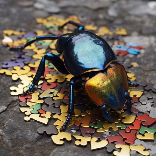Stag Beetle with a land with puzzle hearts of gold --v 5