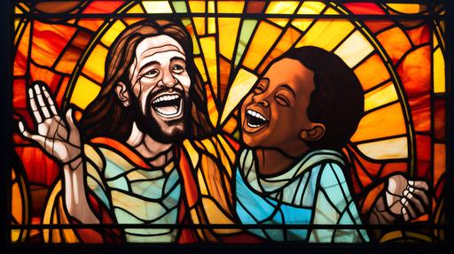 Stained glass, Jesus and an African child laughing. --ar 16:9